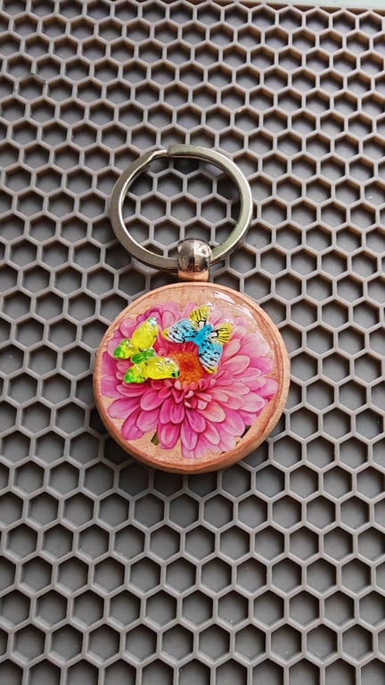 Handmade Resin Flower Keychain with Butterflies: Pink Flower Design- Wooden Base