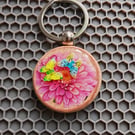 Handmade Resin Flower Keychain with Butterflies: Pink Flower Design- Wooden Base