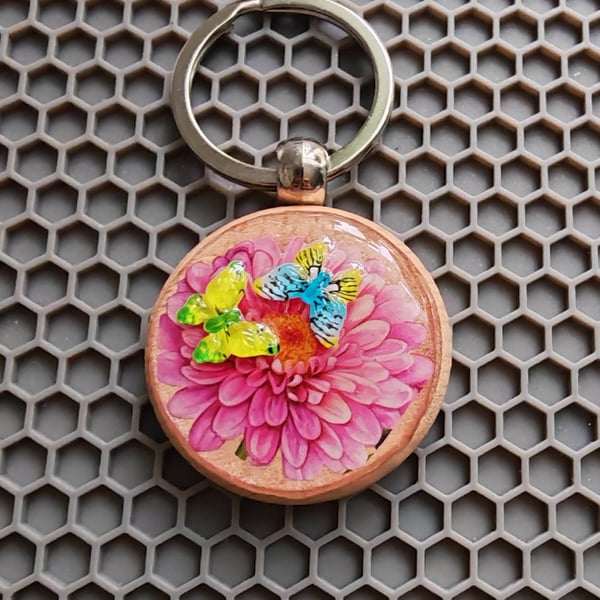 Handmade Resin Flower Keychain with Butterflies: Pink Flower Design- Wooden Base
