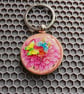 Handmade Resin Flower Keychain with Butterflies: Pink Flower Design- Wooden Base