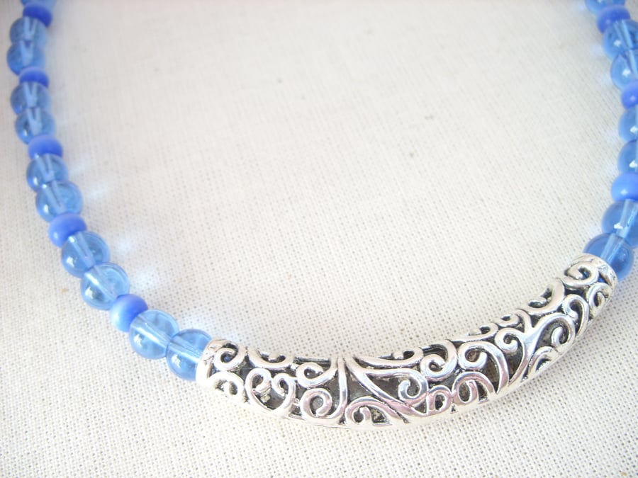 Sale - Silver Spiral Bar Necklace In Blue
