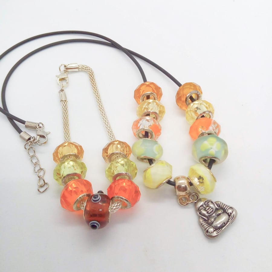 Yellow Lampwork Bead Jewellery Set With Buddha Charm, Mothers Day Gift