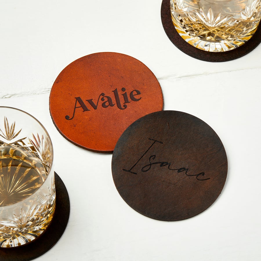 Personalised engraved leather coaster - wedding favour, dinner party place setti