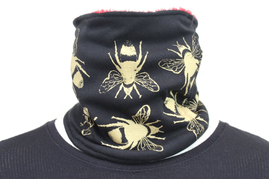 Fleece Neck warmer, black stretch, gold bee hand print,Snood scarf.Gift