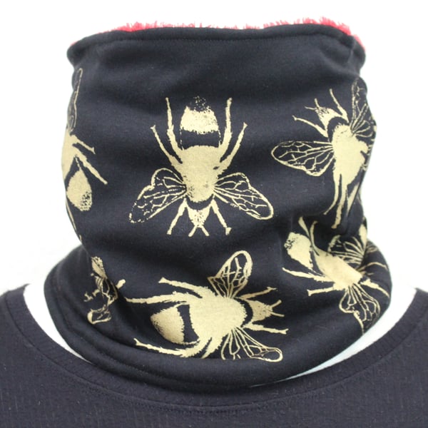 Fleece Neck warmer, black stretch, gold bee hand print,Snood scarf.Gift