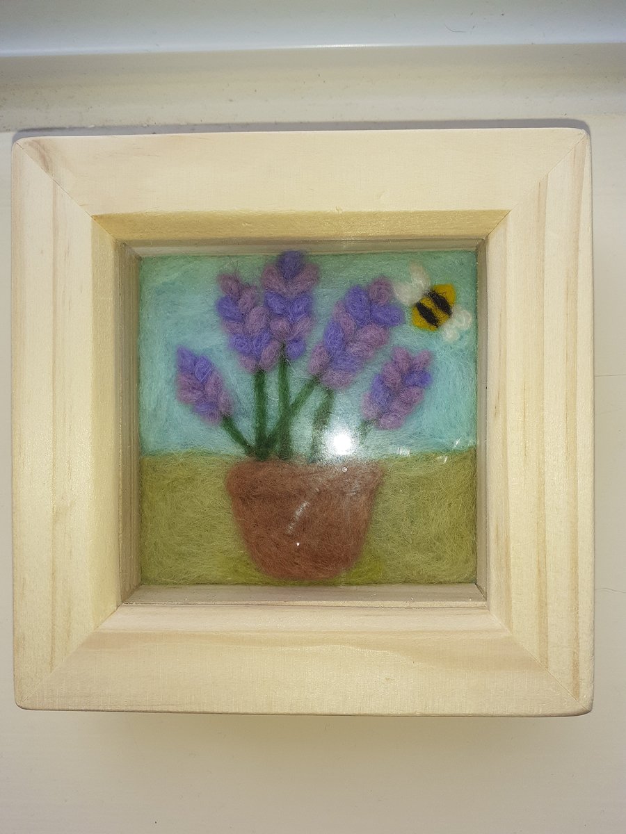Needle Felted Lavender and Bumble Bee Picture