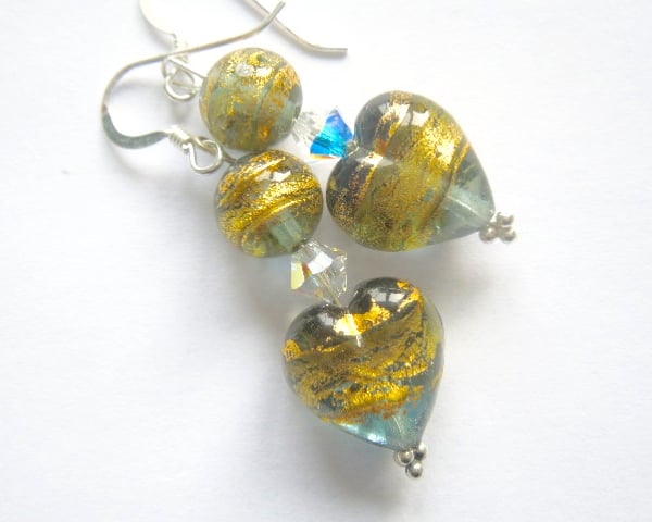Murano glass green and gold heart earrings with Swarovski crystal.