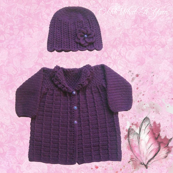 Crochet purple baby cardigan, jacket, coat with matching flower hat 12-18 mths
