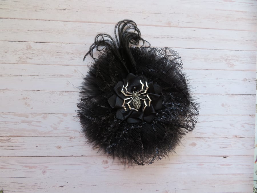 Black Feather Lace & Silver Spider Gothic Wedding Fascinator Hair Clip