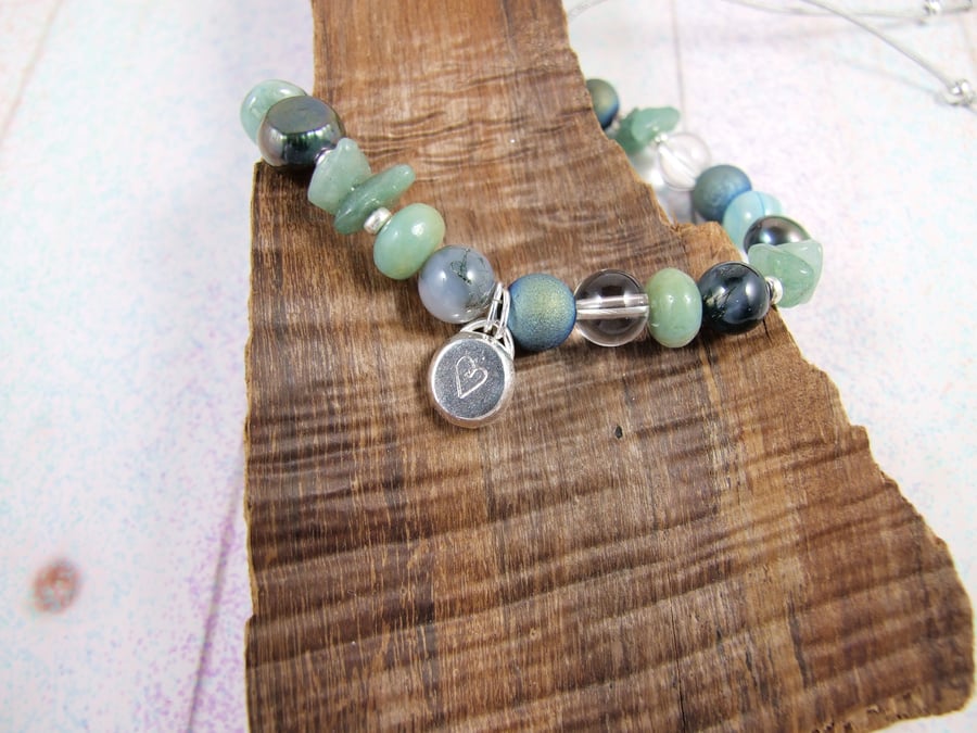Mixed Gemstone Adjustable Fit Charm Bracelet in Green Tones with Sterling Silver