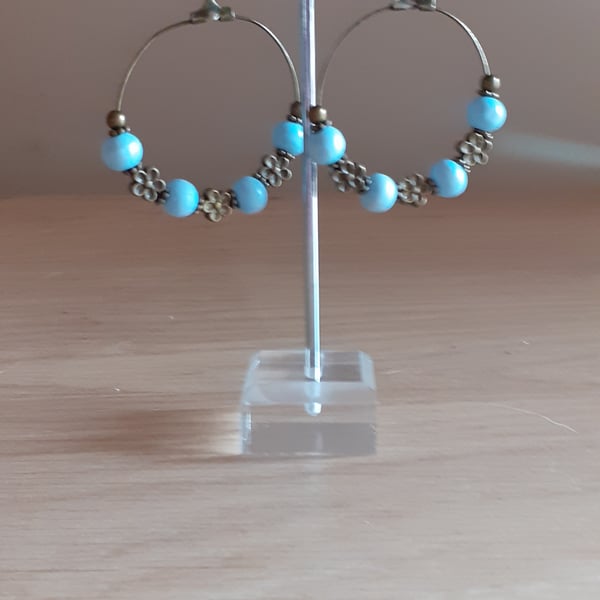 BOOHOO STYLE HOOP EARRINGS - ANTIQUE BRONZE AND PALE BLUE WOODEN BEAD EARRINGS.