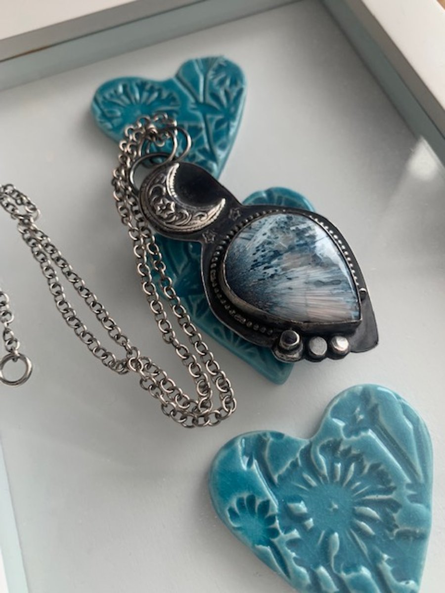 Moon and Star Blue Scolecite necklace Hallmarked