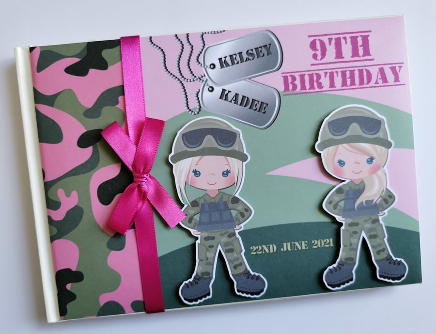 Girl soldier birthday guest book, pink camo birthday party book