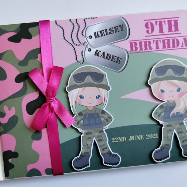 Girl soldier birthday guest book, pink camo birthday party book