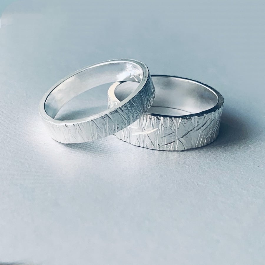 Two Recycled Sterling Silver Scratch textured  bands