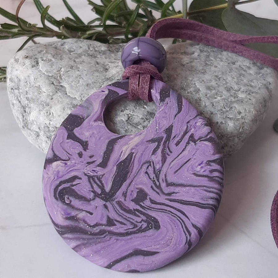 Large oval handmade pendant in violet and grape polymer clay 