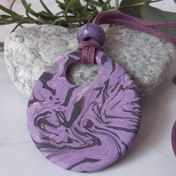 Large oval handmade pendant in violet and grape polymer clay 