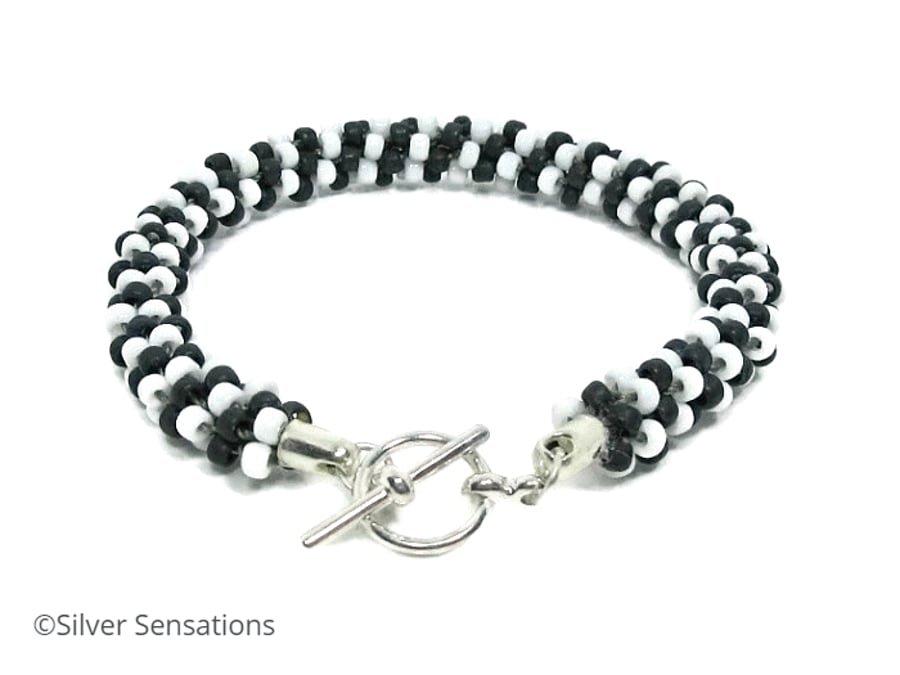 Black & White Stripe Unisex Kumihimo Seed Bead Bracelet