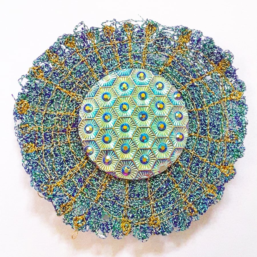 Free Machine Embroidery Brooch with Iridescent Blue Resin Cabachon