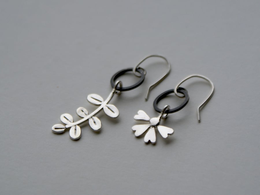 Mismatched flower and leaf drop earrings