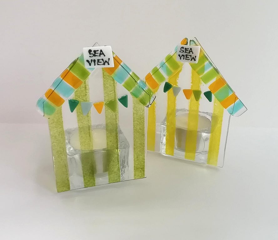 Fused Glass Beach Hut Tealight Holders: Seaside Bathroom Decor - Set of 2