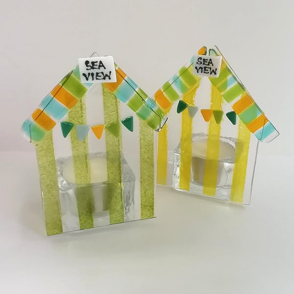 Fused Glass Beach Hut Tealight Holders: Seaside Bathroom Decor - Set of 2