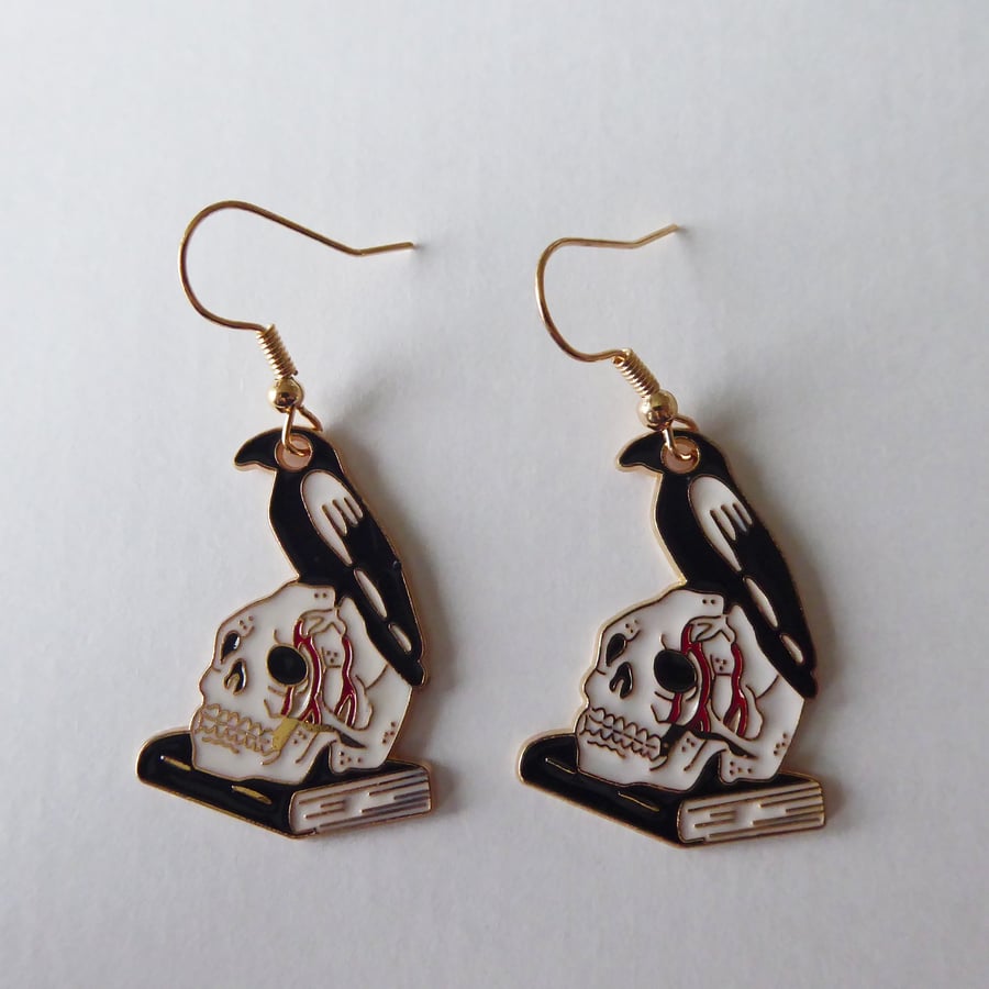 Enamelled Crow Skull and Book Earrings with KC Gold Ear Wires