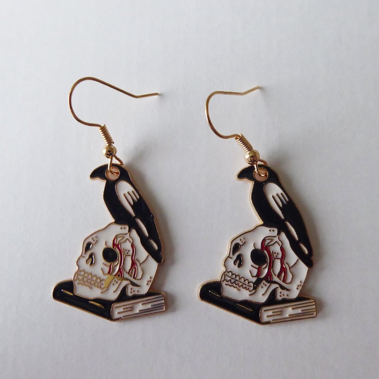 Enamelled Crow Skull and Book Earrings with KC Gold Ear Wires