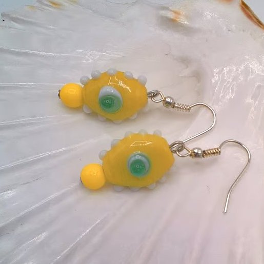 Yellow Art Glass Earrings with Green Eye and White Dots, Gift for Her, Earrings