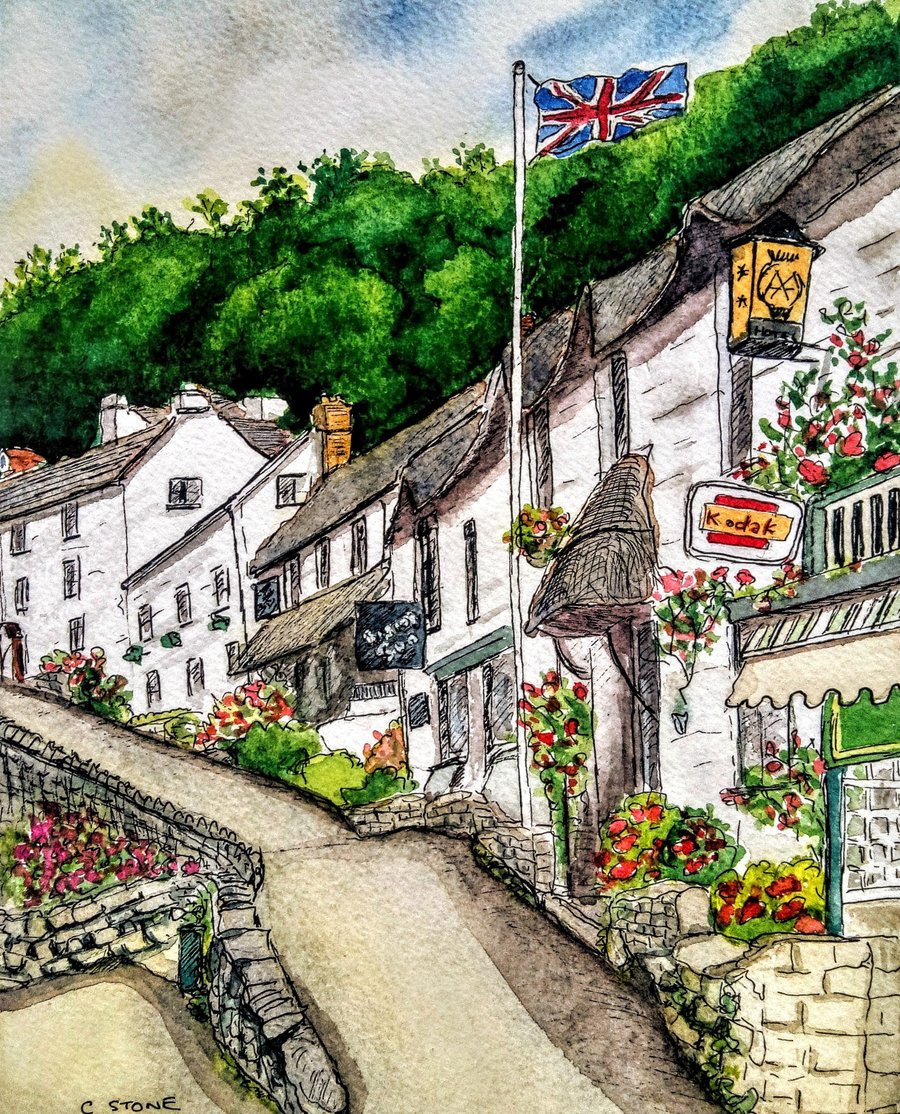 Original watercolour pen and wash painting of Mars Hill, Lynmouth, Devon