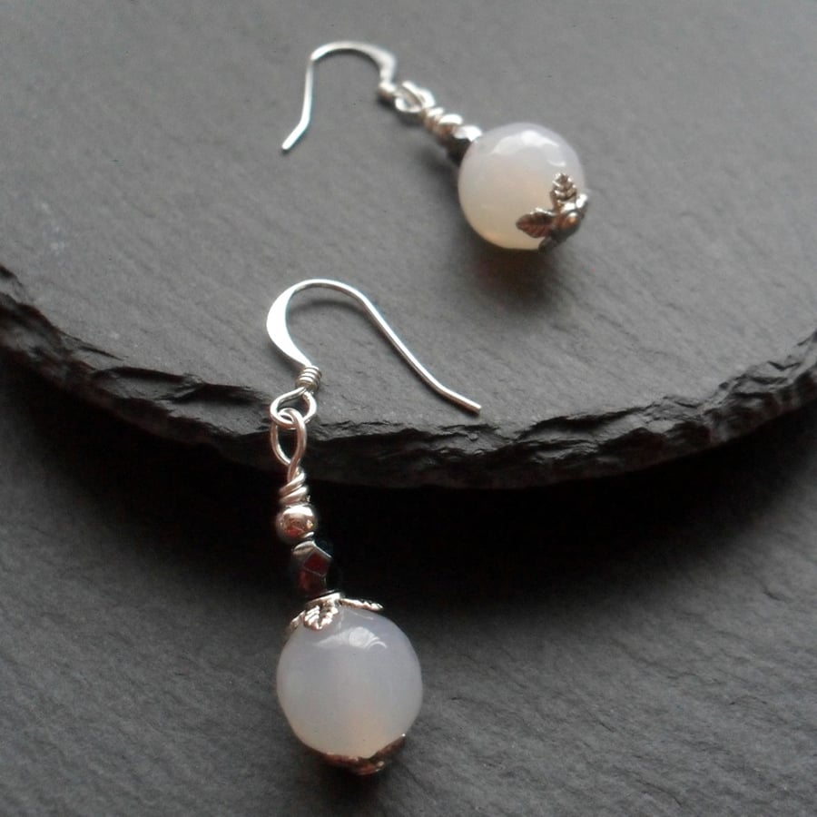 Agate Milky White Colour Drop Earrings Silver Plate