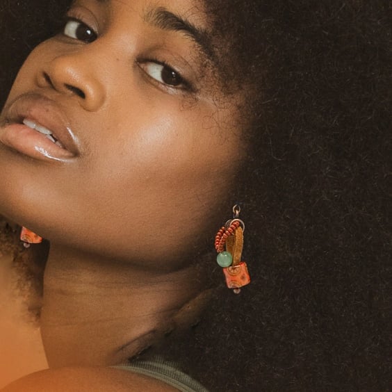 Brown Beaded Earrings with Wood, Leather and Green Aventurine Gemstone 