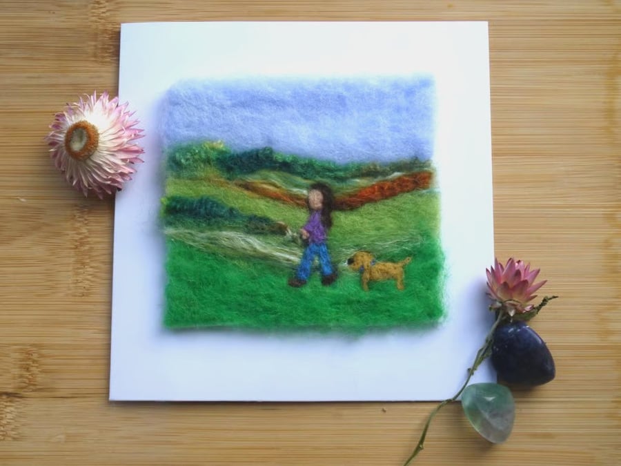 Handmade needle felted Walkies greetings card