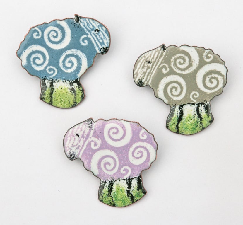 Sheep Brooch with Colourful Curls - in Enamels