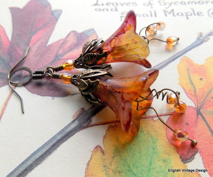 Red Purple Yellow "AUTUMN MAPLE" Autumn Fall Hand Painted Lucite Flower Earrings