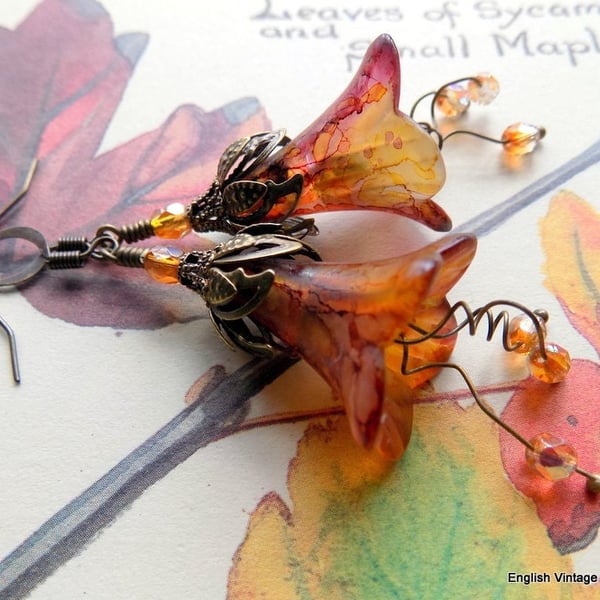 Red Purple Yellow "AUTUMN MAPLE" Autumn Fall Hand Painted Lucite Flower Earrings