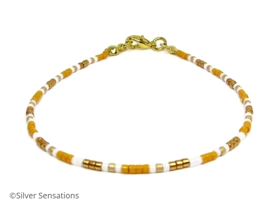 Dainty Orange, Gold & White Seed Bead Slim Friendship Bracelet - 6.5" - 8.5"
