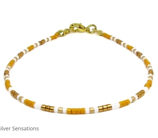 Dainty Orange, Gold & White Seed Bead Slim Friendship Bracelet - 6.5" - 8.5"