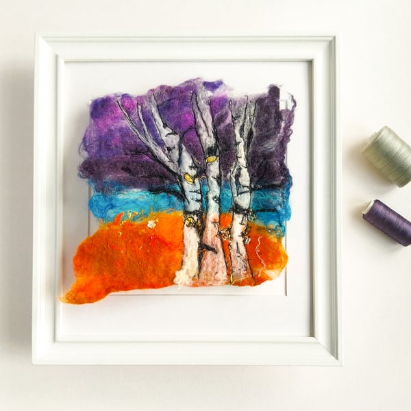  FRAMED Original Fibre Art Picture of Silver Birch Trees at Twilight 