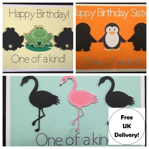 One of a Kind - Birthday Card with frog, flamingo or penguin - personalisation