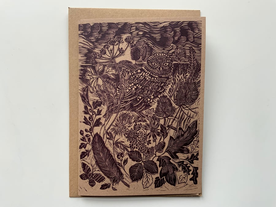 Linocut Card Owl - Bird - Greeting Card - Birthday Card - Nature Card - Hand Pri