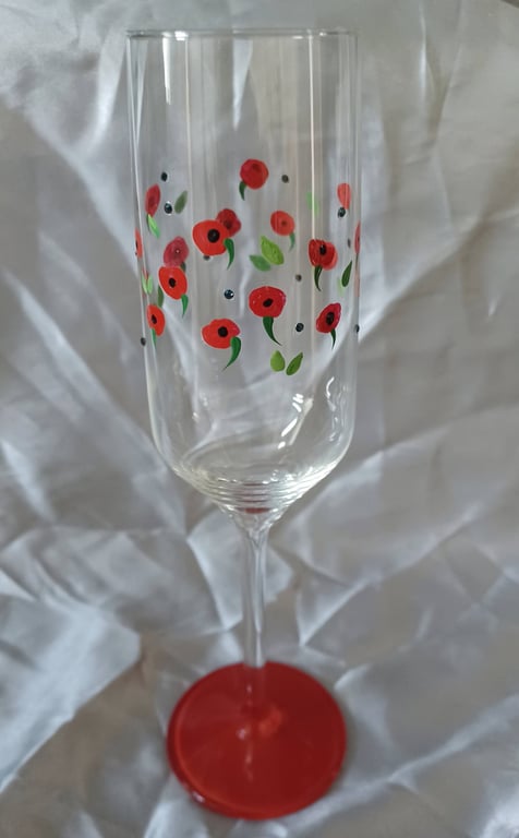 Hand Painted Red Poppy Champagne Prosecco Glass
