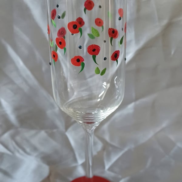 Hand Painted Red Poppy Champagne Prosecco Glass
