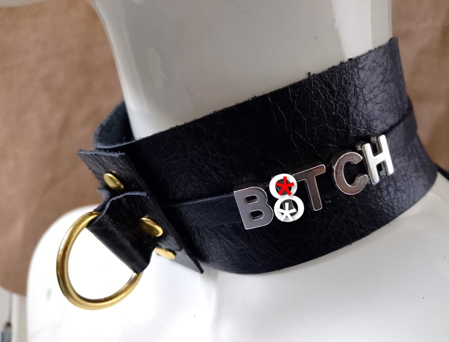 Black leather choker collar style necklace with brass metal d ring 