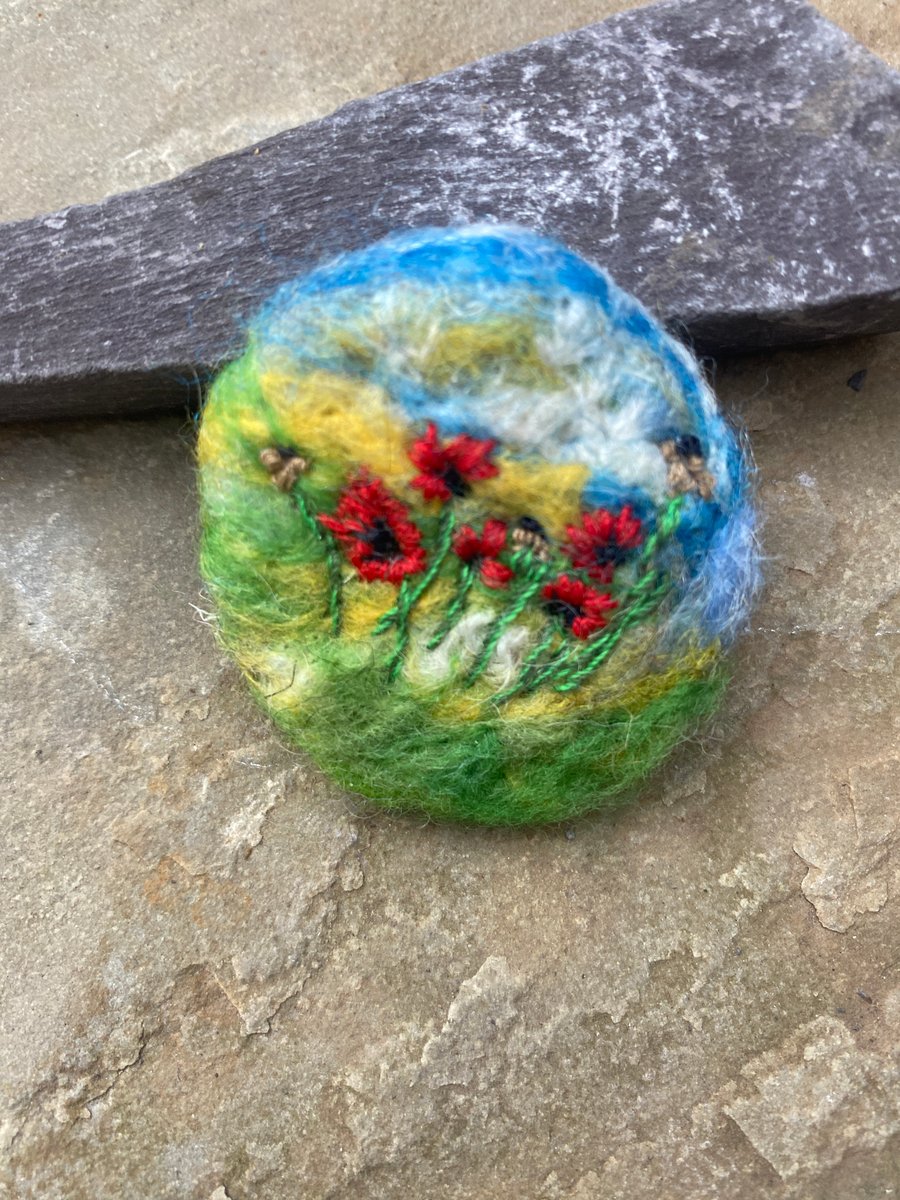 Red Poppies felted textile brooch with embroidered poppies & seedheads. Charity
