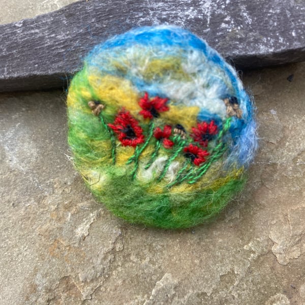 Red Poppies felted textile brooch with embroidered poppies & seedheads. Charity