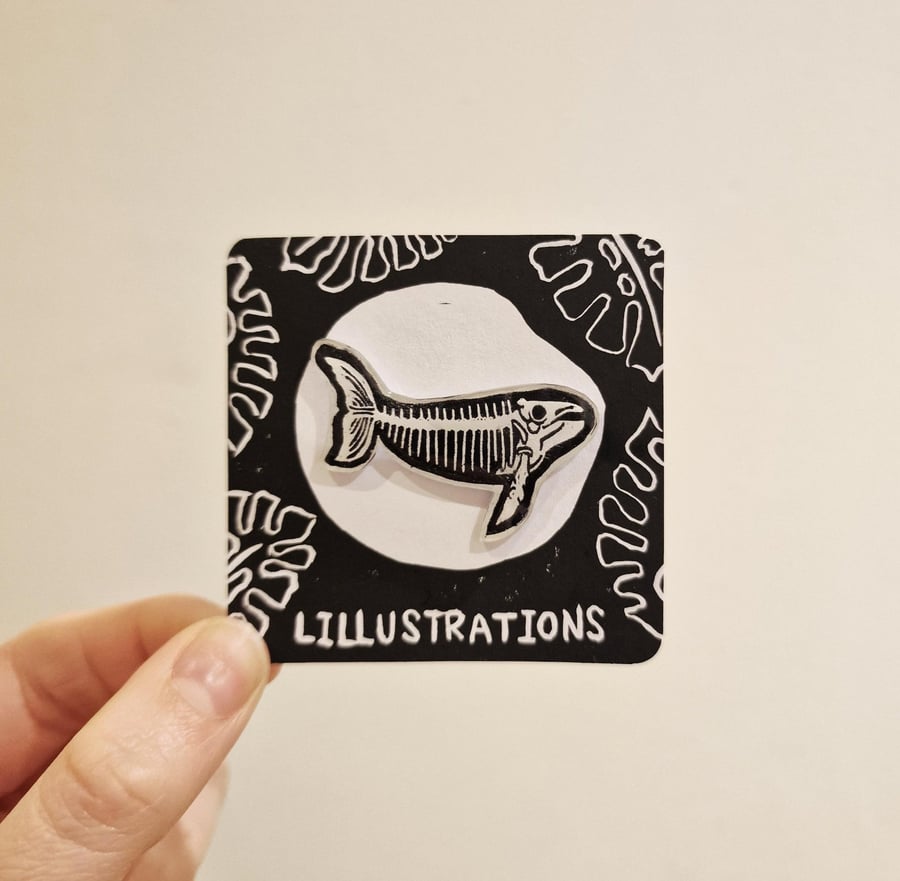 Whale Skeleton Lino Printed Pin Badge