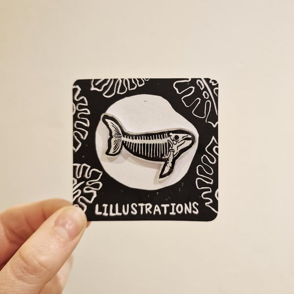 Whale Skeleton Lino Printed Pin Badge