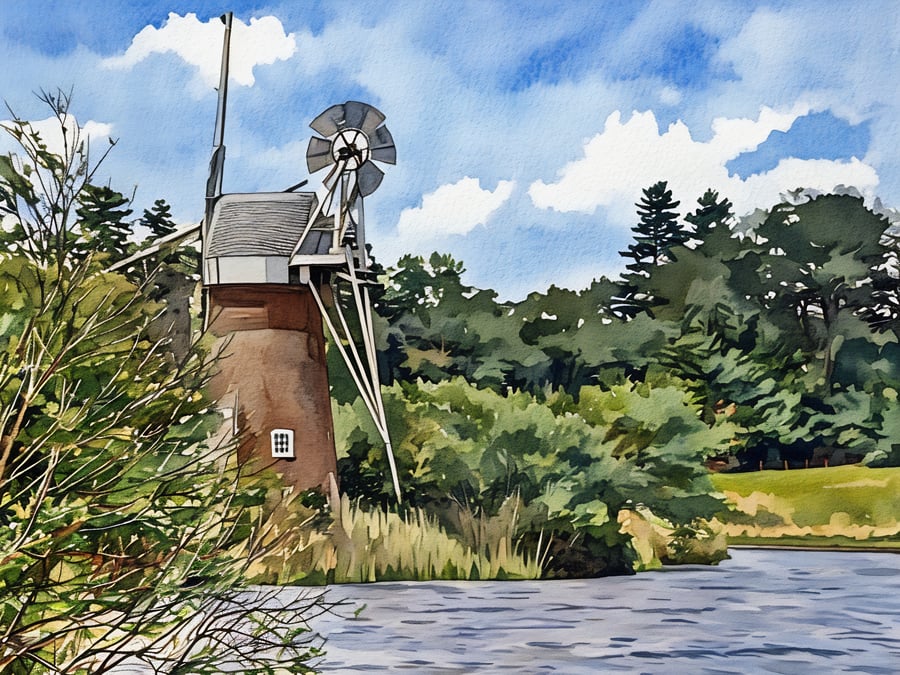 Print of Original Water Colour A4 Windmill On The Broads