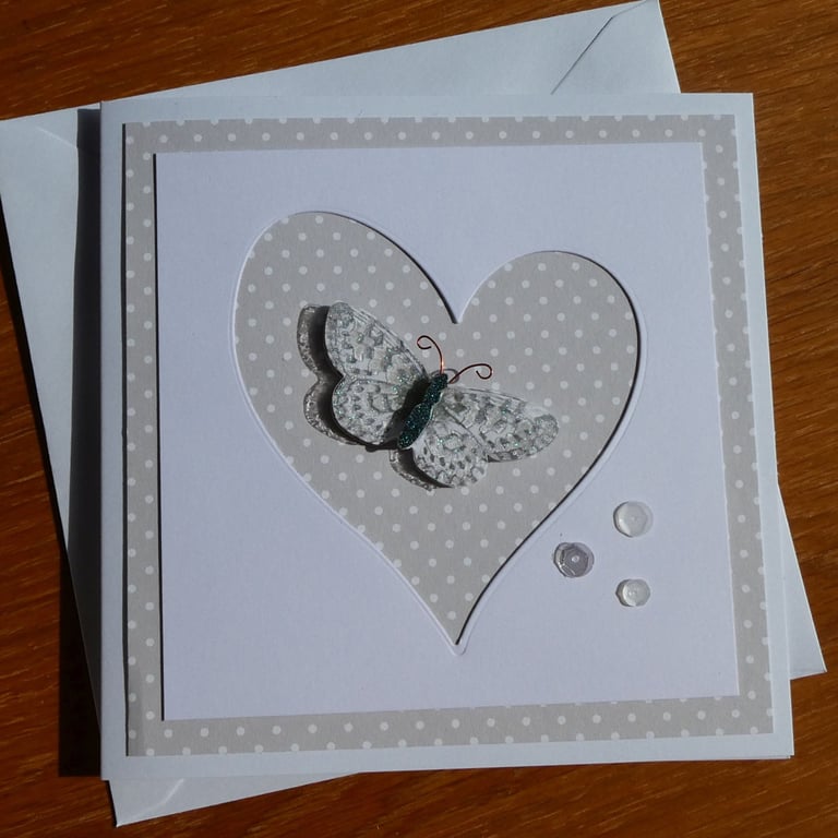 Blank Butterfly Card - Heart Aperture - Grey Polka Dot